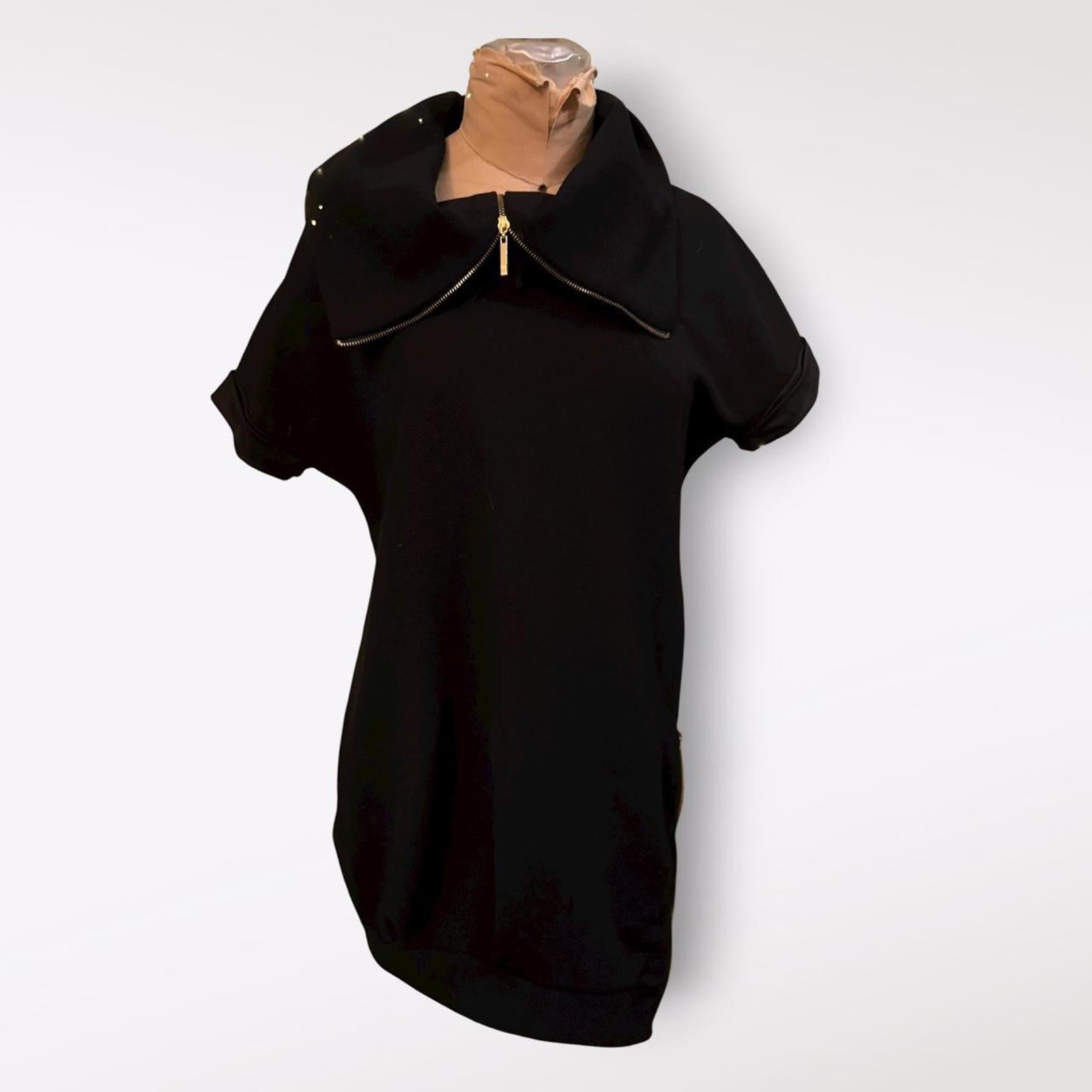 Black Zip-Up Collar Shirt Dress. Made in Italy