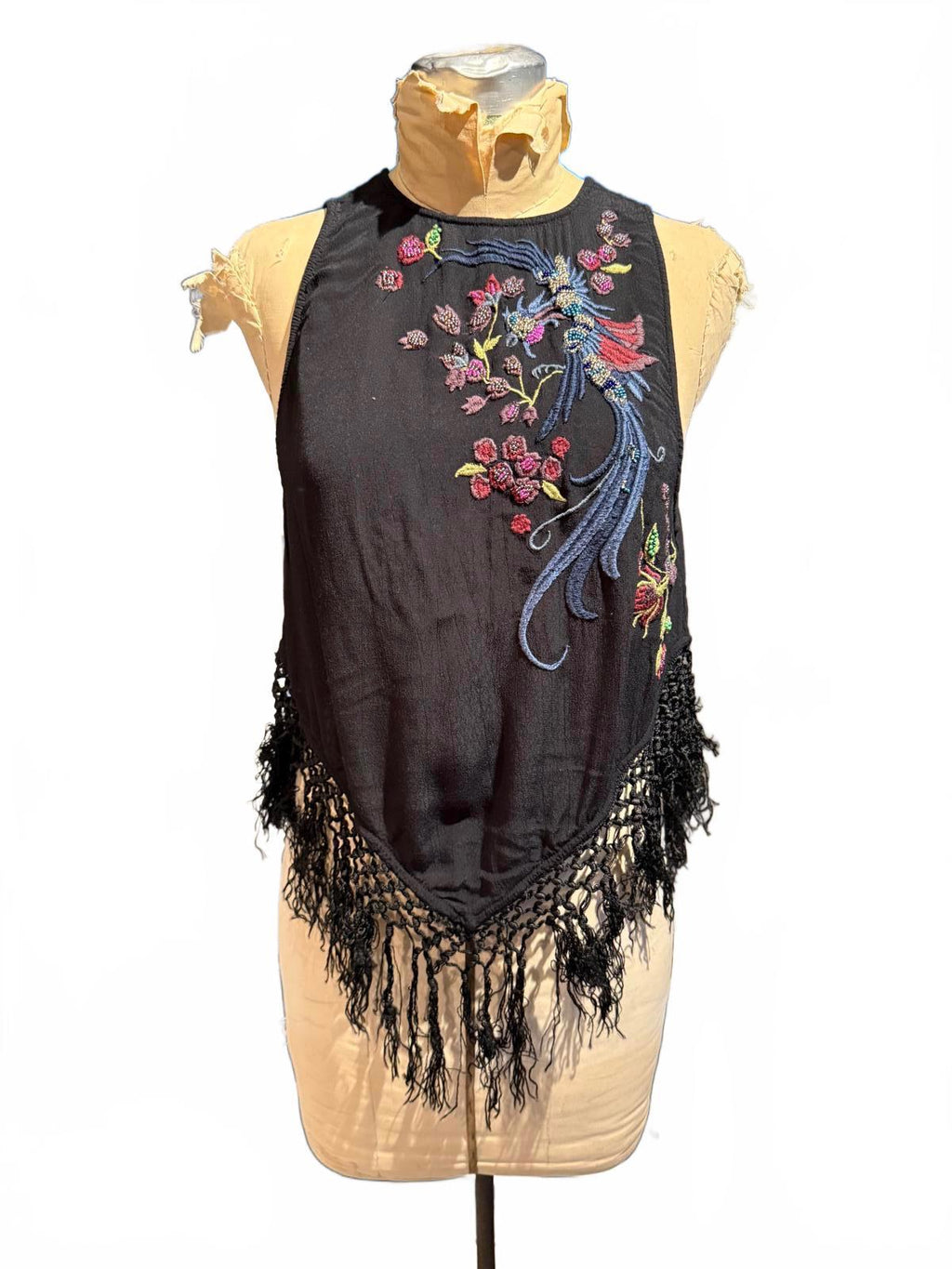 Free People Black Embroidered Fringe Sleeveless Top with Tie Back