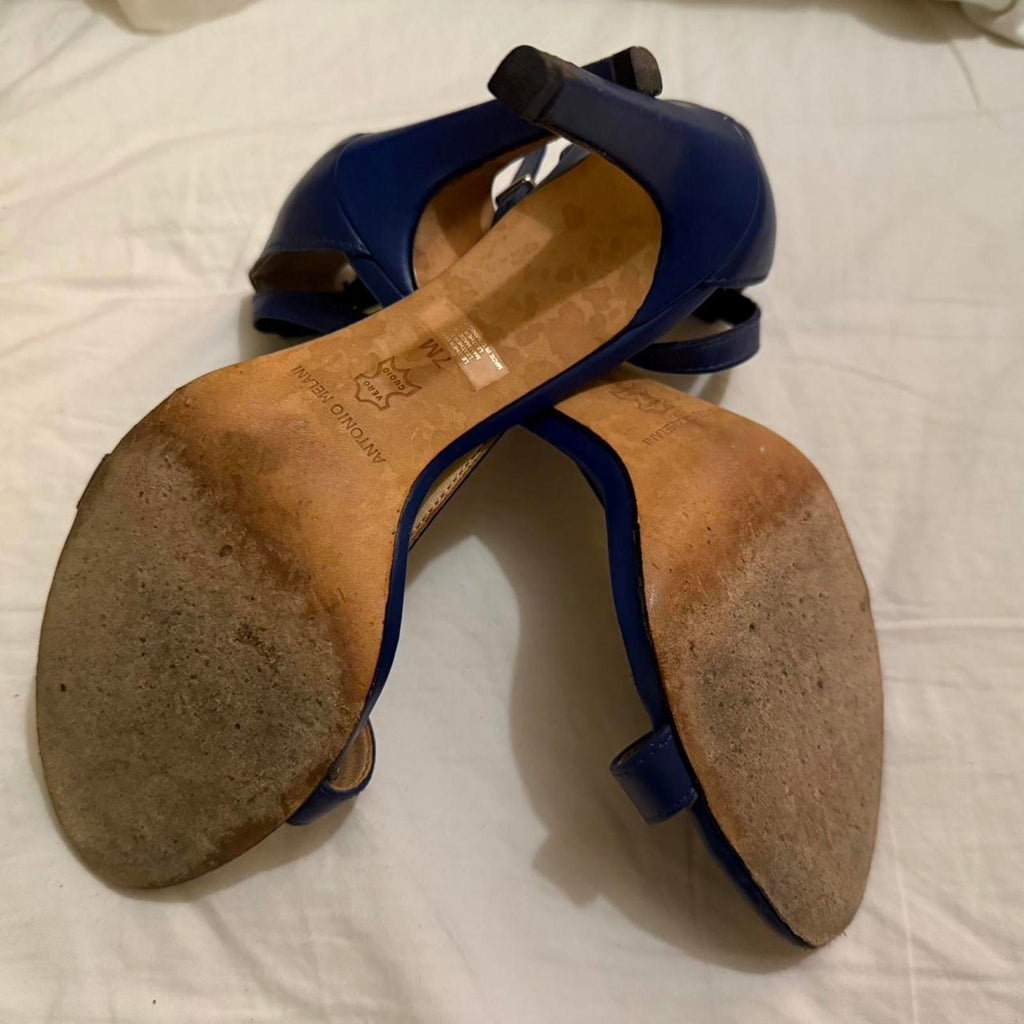 Antonio Melani Navy Blue Leather T-Strap High Heel Sandals