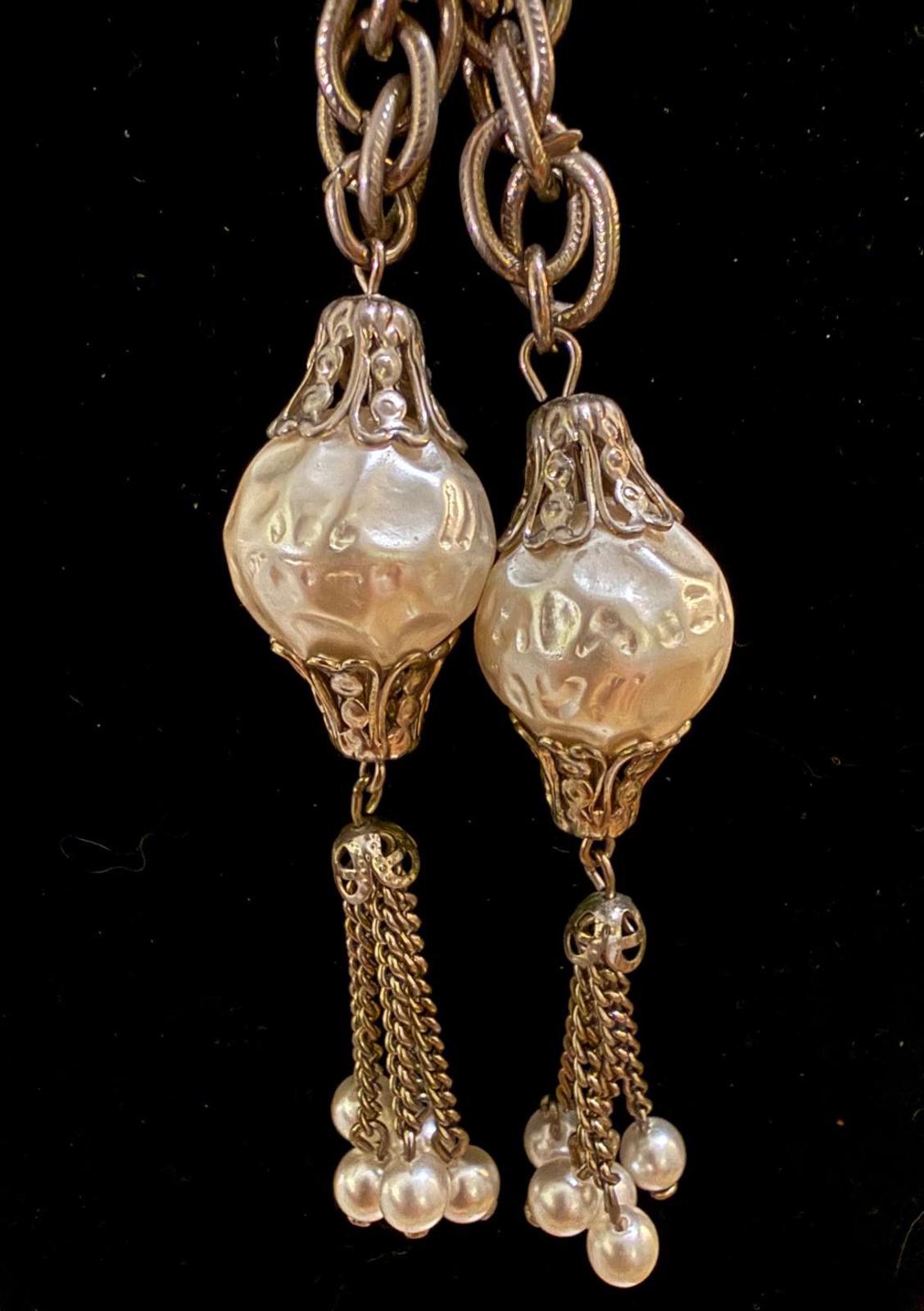 Vintage Gold Tone Chain Necklace with Pearl Tassels