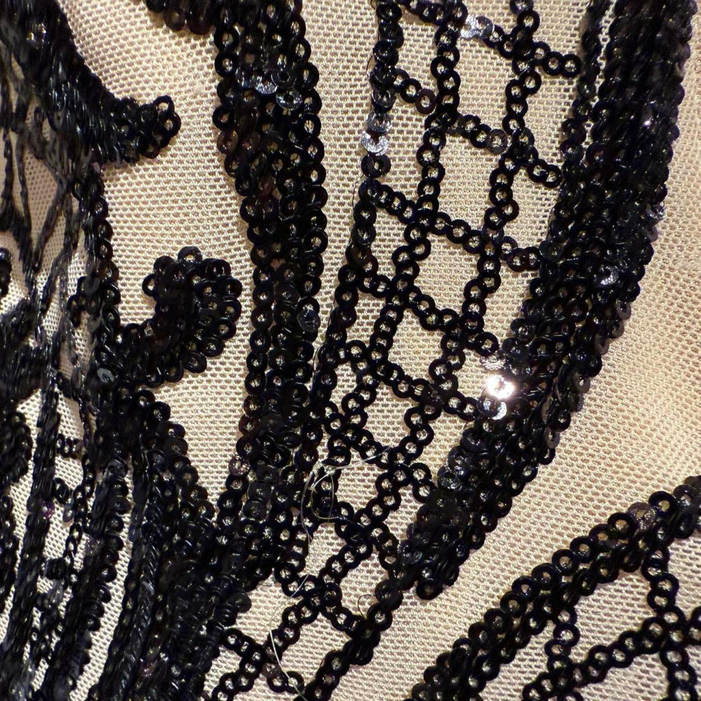 ReVamped Long Sleeve Black Sequin Embellished Dress with Nude Mesh Base