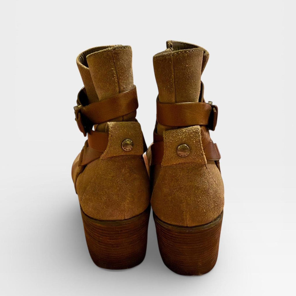 Michael Kors Beige Suede Ankle Boots with Brown Straps