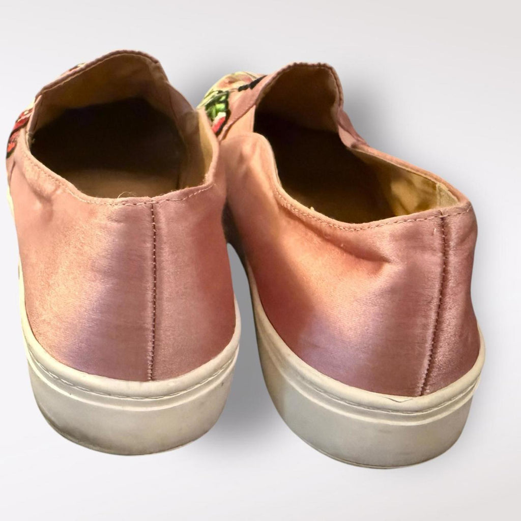 Dirty Laundry Pink Satin Slip-On Shoes with Embroidered Floral Design