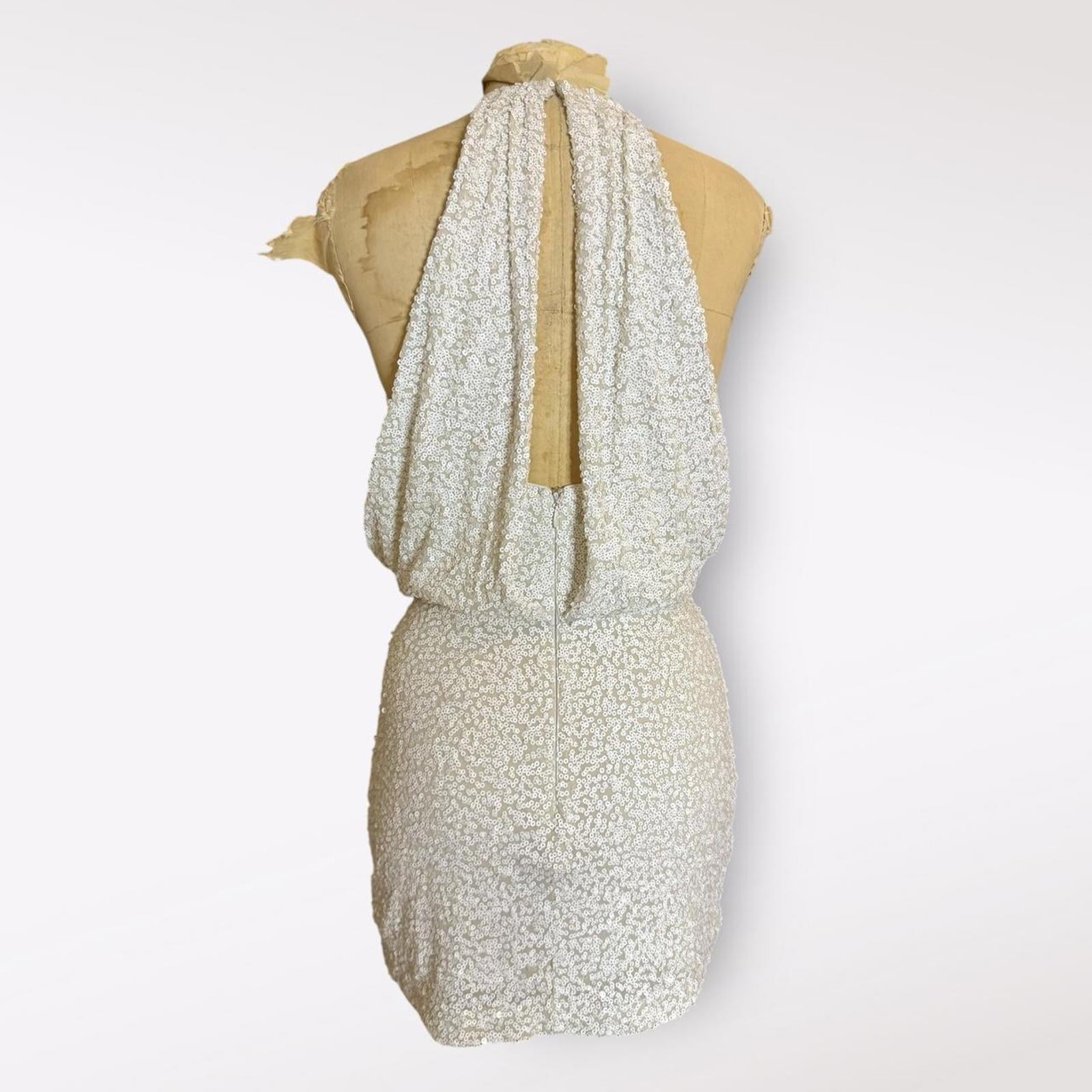 Badgley Mischka White Sequin Mini Halter Dress