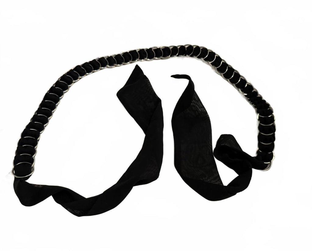 Black Fabric and Silver Ring Waist Belt with Tie Closure