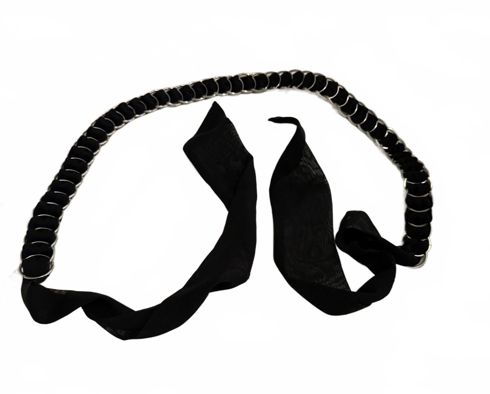 Black Fabric and Silver Ring Waist Belt with Tie Closure