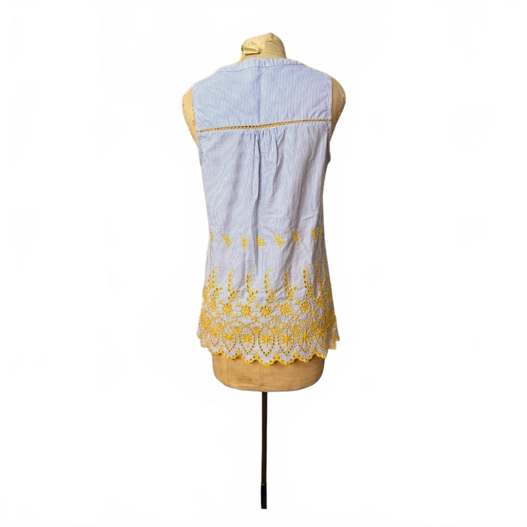 Skies are Blue Striped Blue and Yellow Embroidered Tassel Top Size S