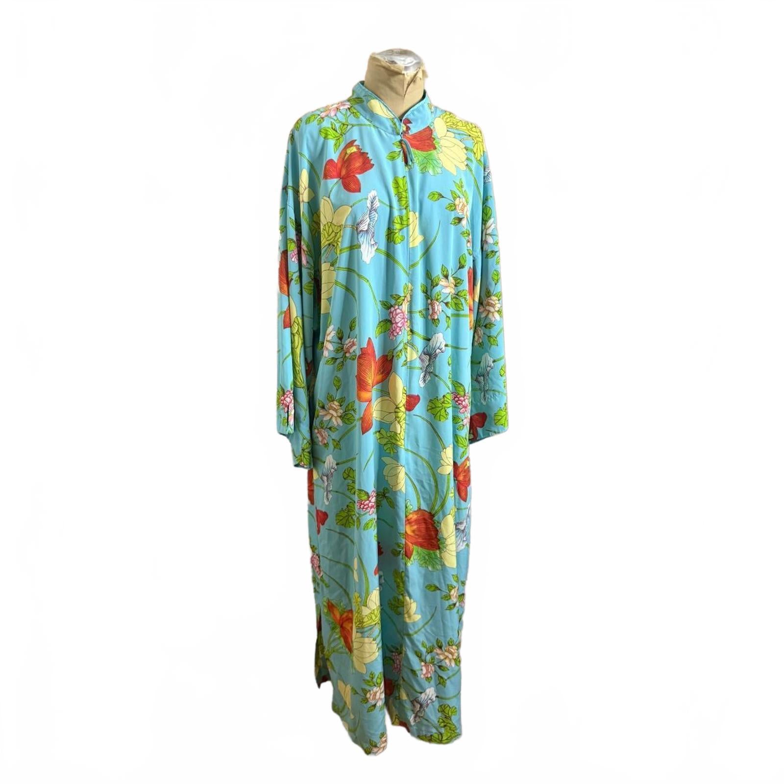 Natori Blue Green Floral Kaftan/Kimono Maxi Dress