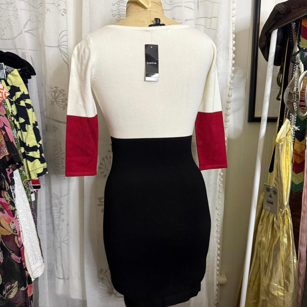 Bebe White, Red, and Black Colorblock Sweater Dress