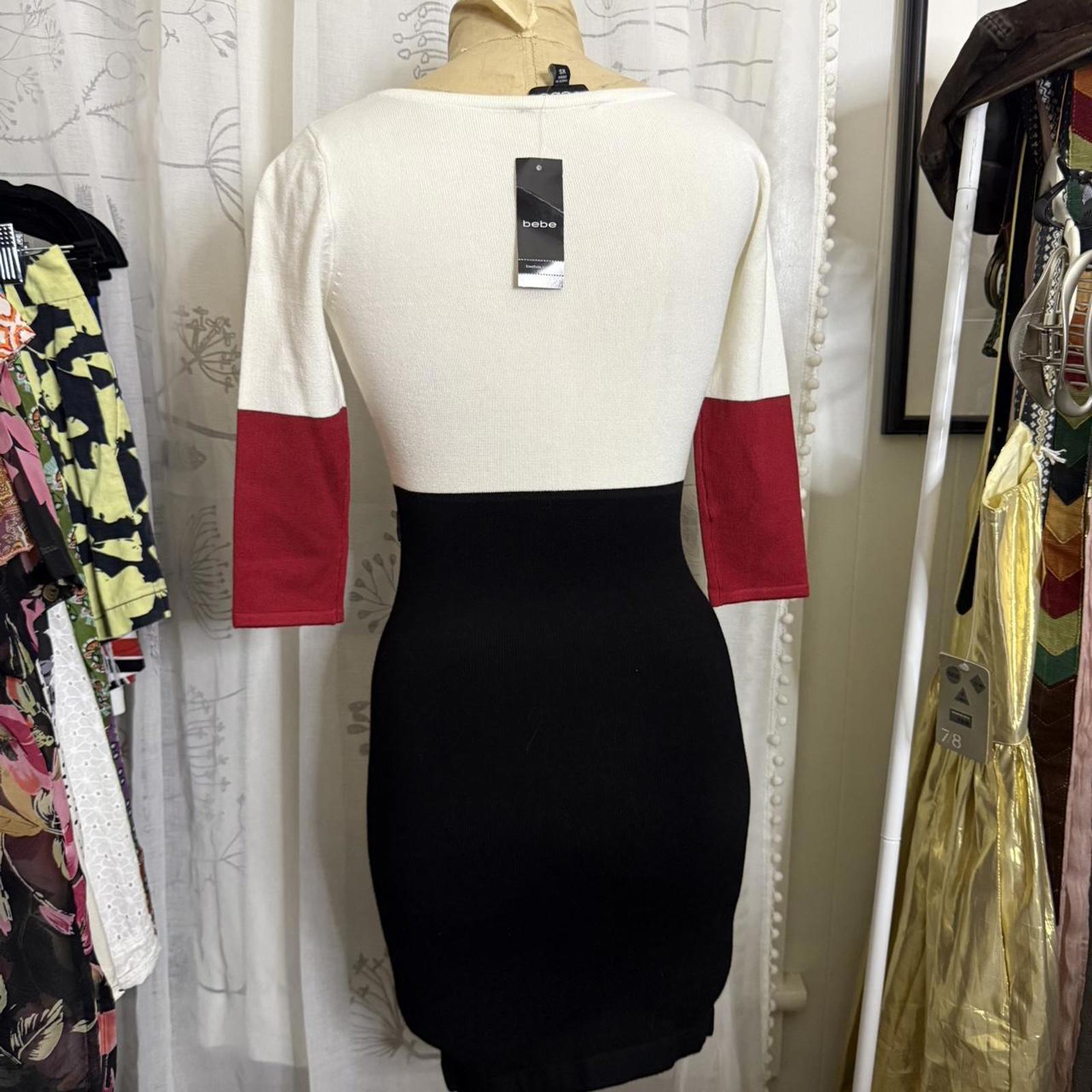 Bebe White, Red, and Black Colorblock Sweater Dress