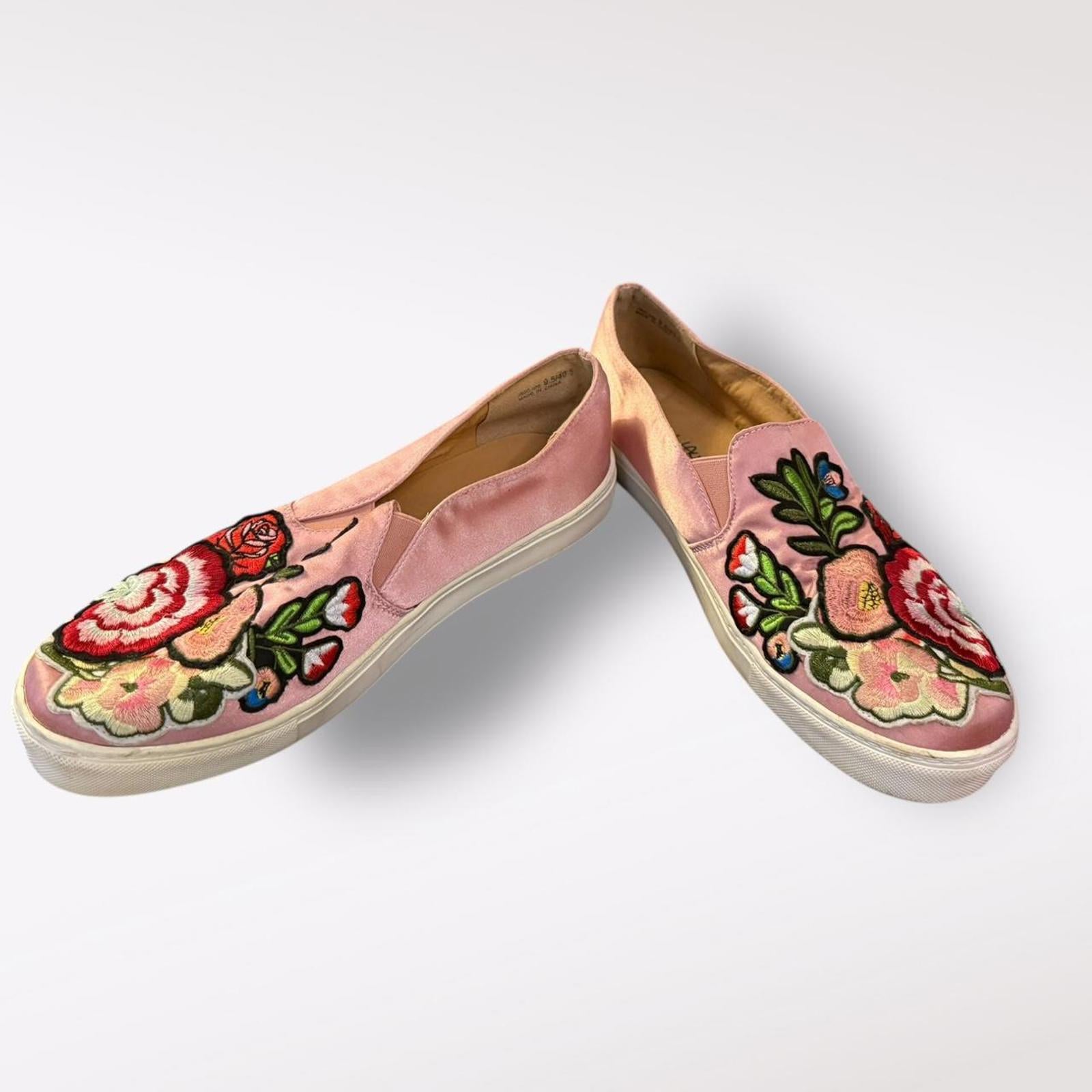 Dirty Laundry Pink Satin Slip-On Shoes with Embroidered Floral Design