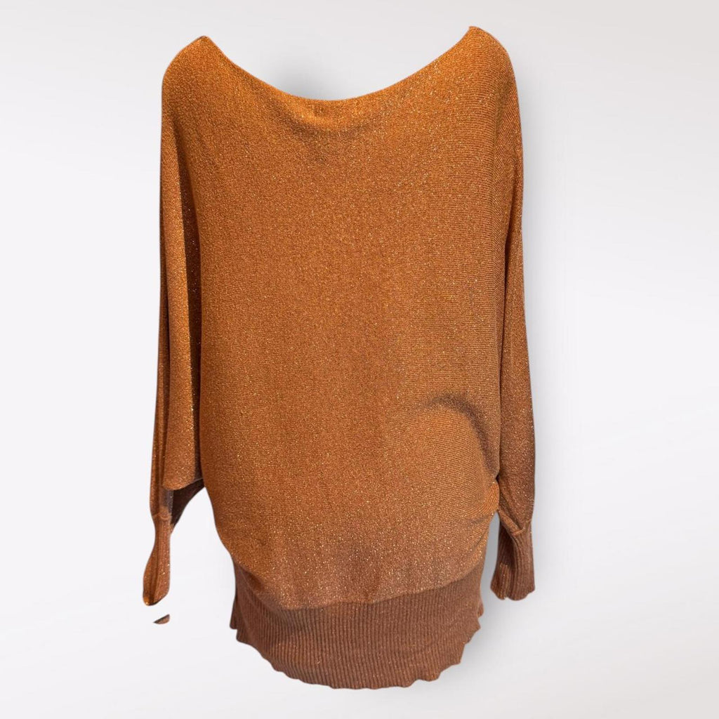 Rust Orange Metallic Knit Sweater with Batwing Sleeves