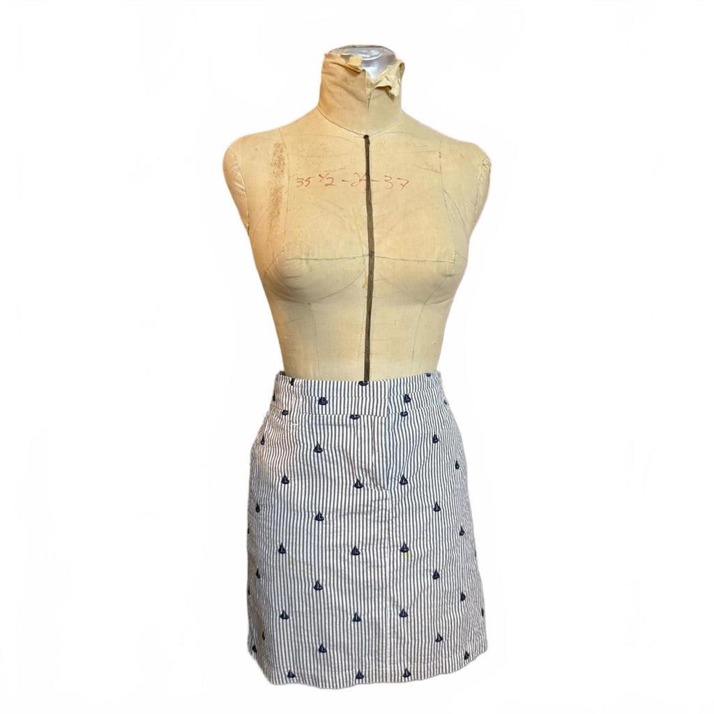 British Khaki Striped Mini Skirt With Sailboat Embroidery Size 10