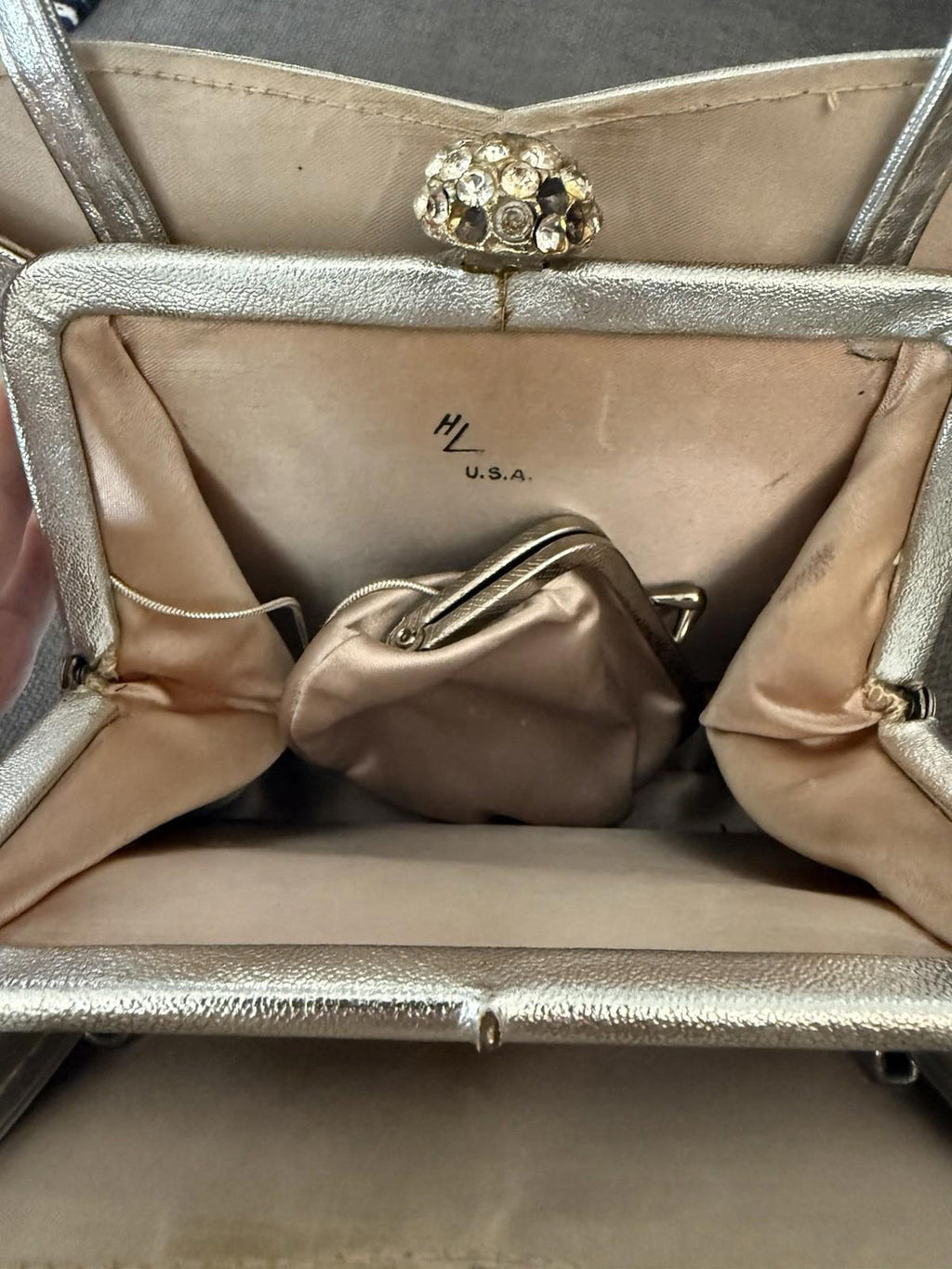 Harry Levine Silver Handbag With Rhinestone Clasp And Attached Coin Purse