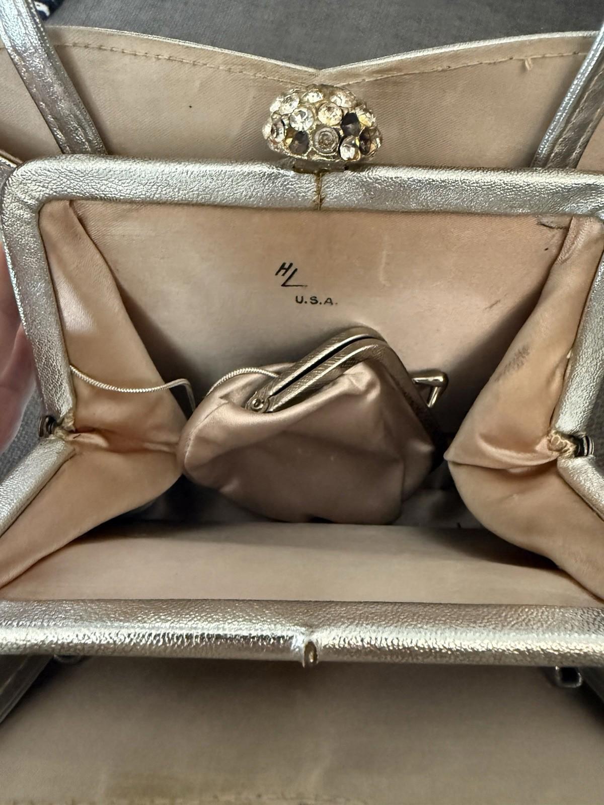 Harry Levine Silver Handbag With Rhinestone Clasp And Attached Coin Purse