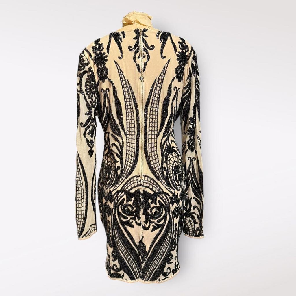 ReVamped Long Sleeve Black Sequin Embellished Dress with Nude Mesh Base