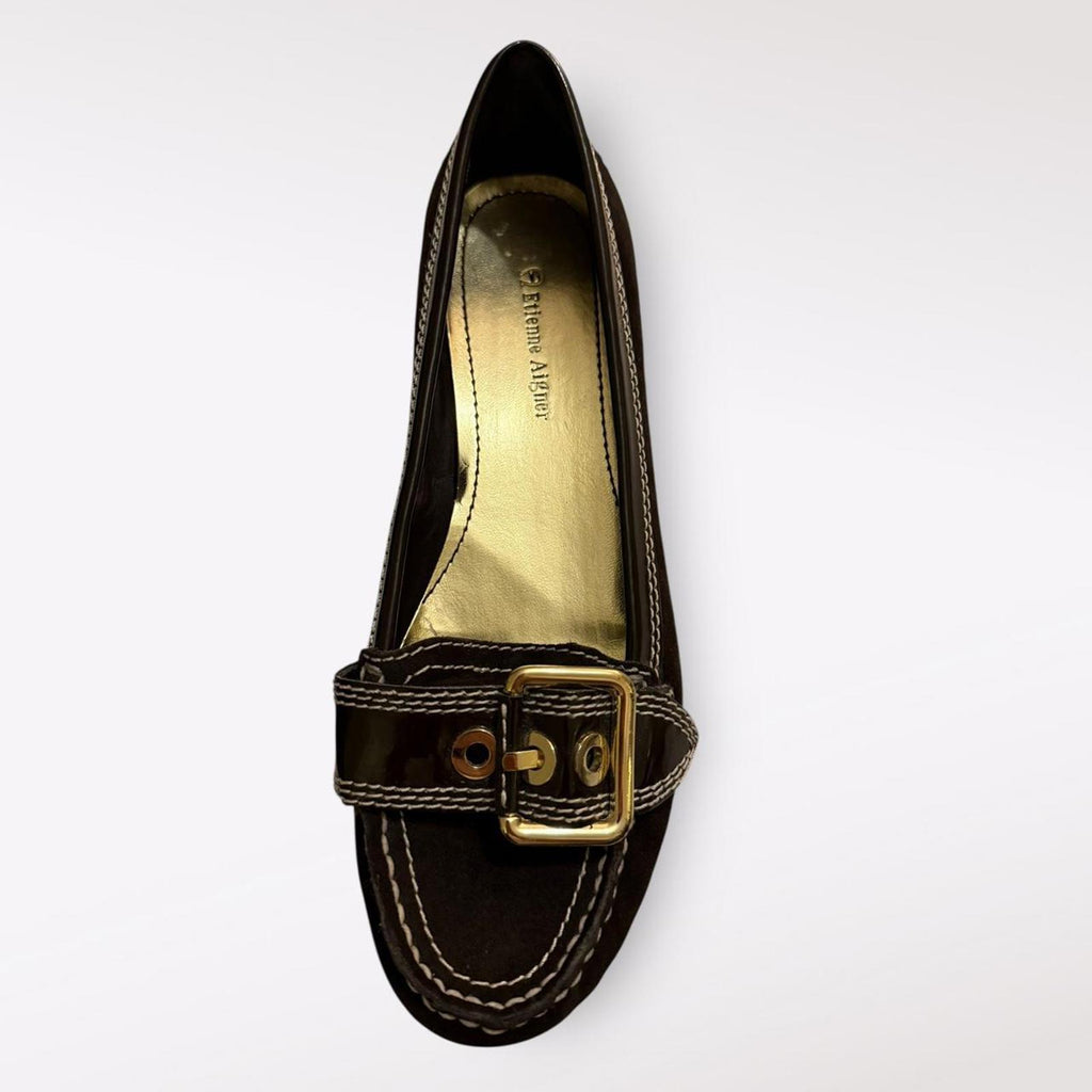 Etienne Aigner Black Suede Loafers with Buckle Detail