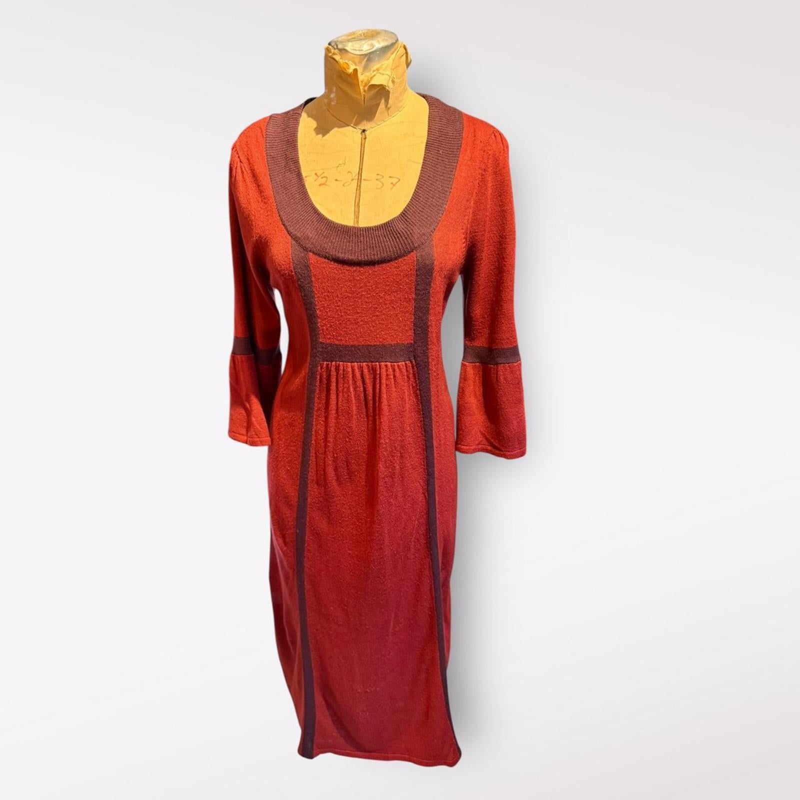 Chelsea Studio Vintage Orange and Brown Long Sleeve Dress with Bell Sleeves