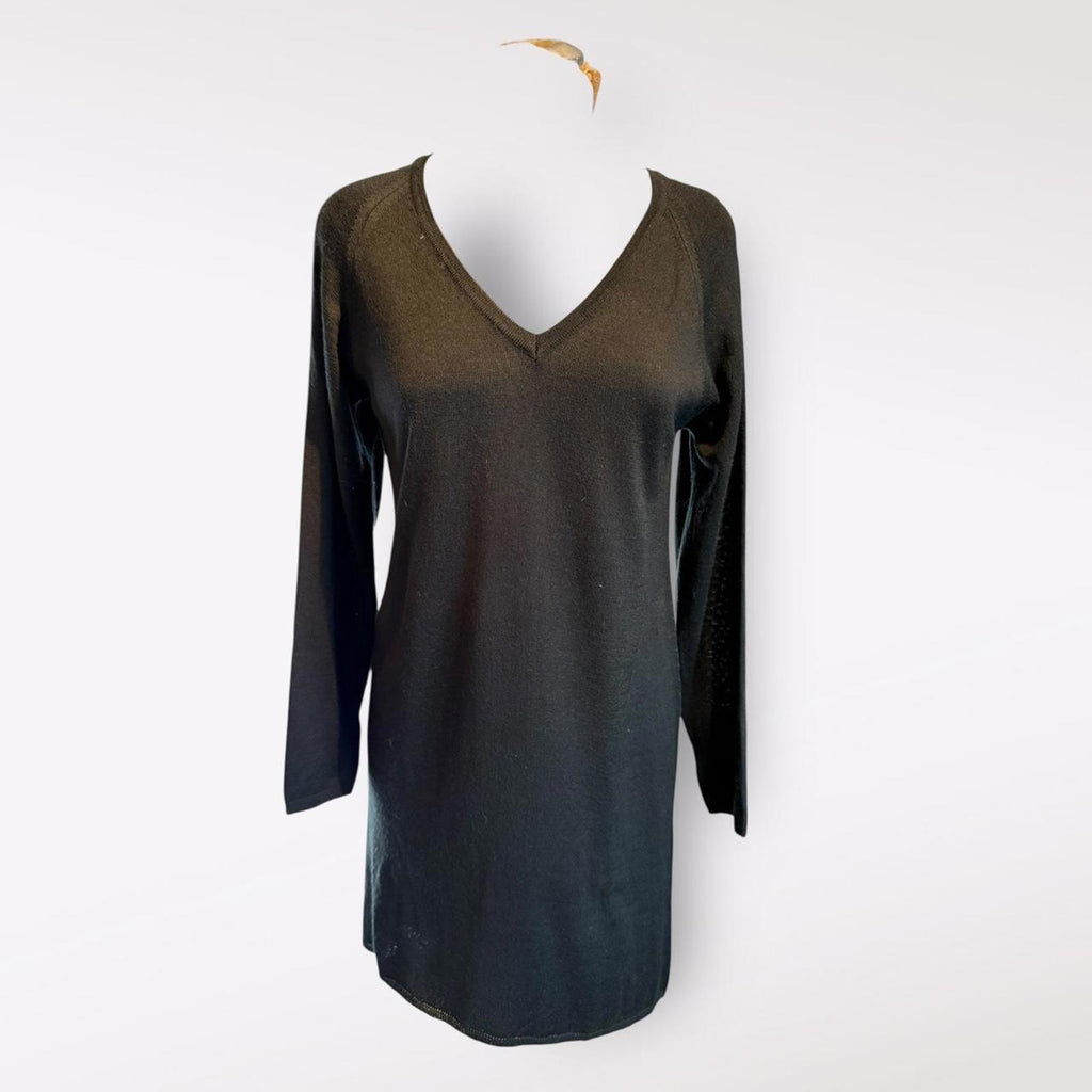 Ghost Black Long Sleeve V-Neck 100% Merino Wool Knit Dress