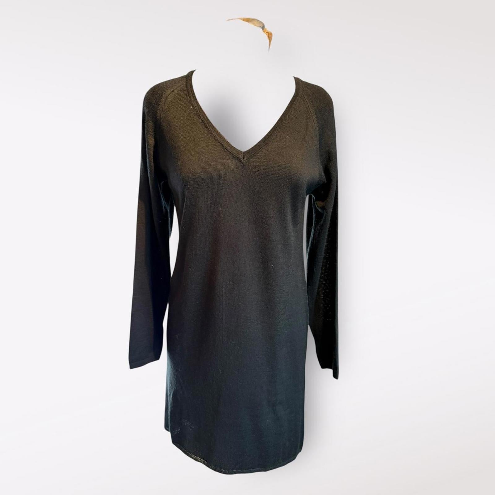 Ghost Black Long Sleeve V-Neck 100% Merino Wool Knit Dress