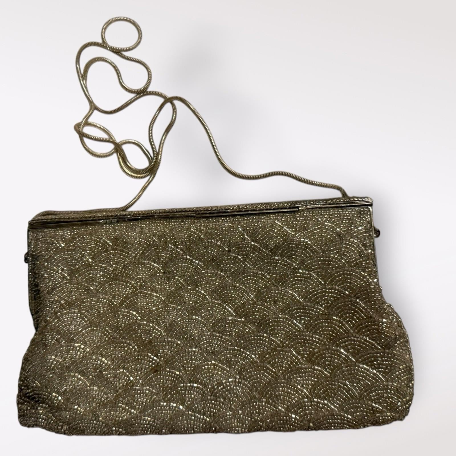 Vintage Silver Art Deco Beaded Clutch Purse With Snake Chain Strap