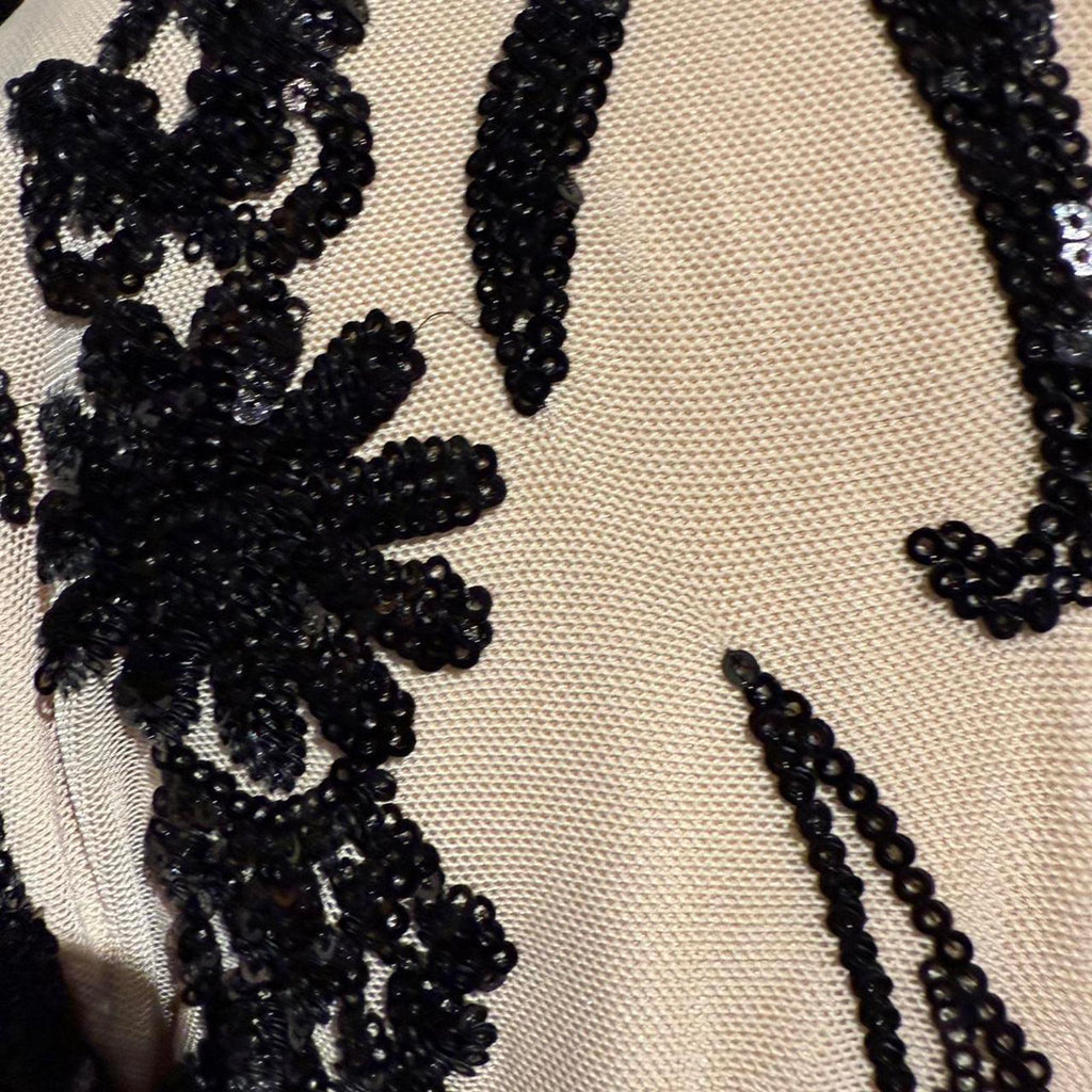 ReVamped Long Sleeve Black Sequin Embellished Dress with Nude Mesh Base