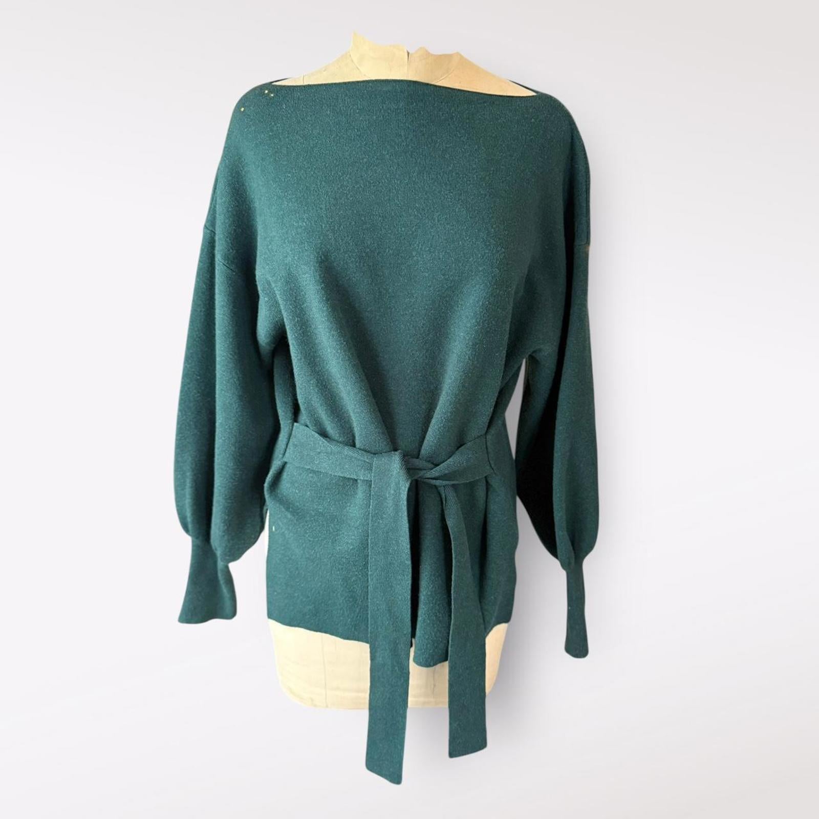 Dark Green Long Sleeve Sweater with Waist Tie Belt