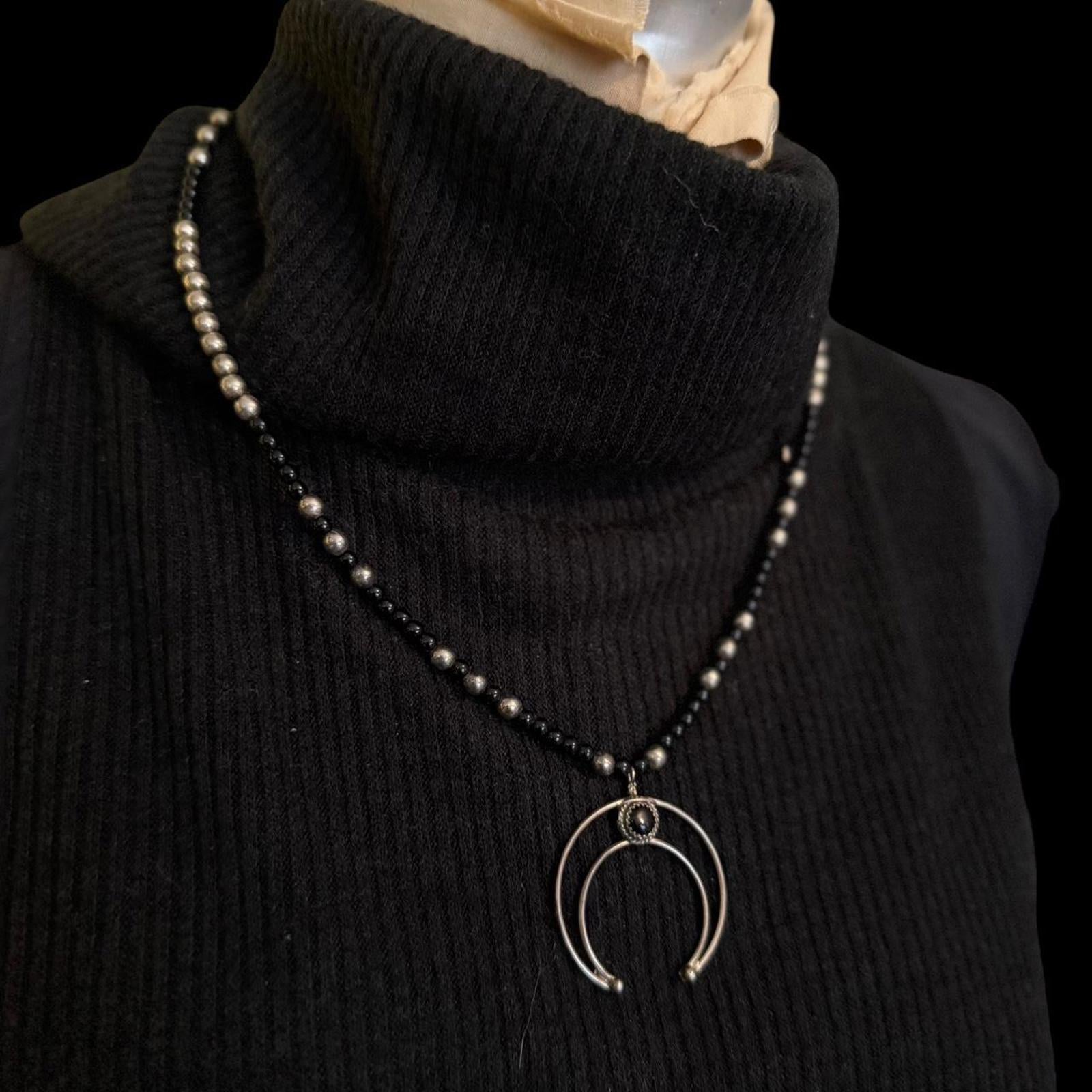 Silver Tone Moon Necklace with Black Beads