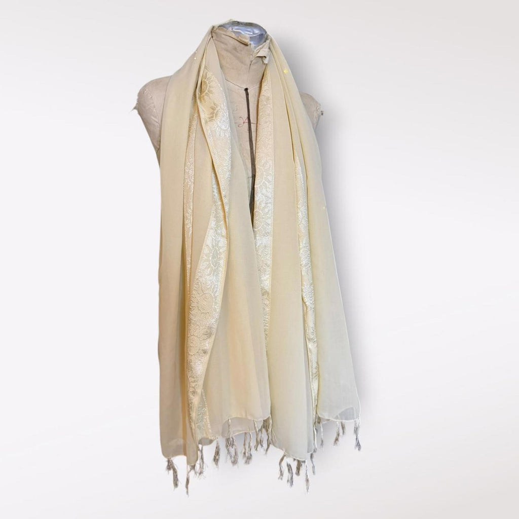 Elegant Cream Embroidered Sun Motif Scarf with Fringe