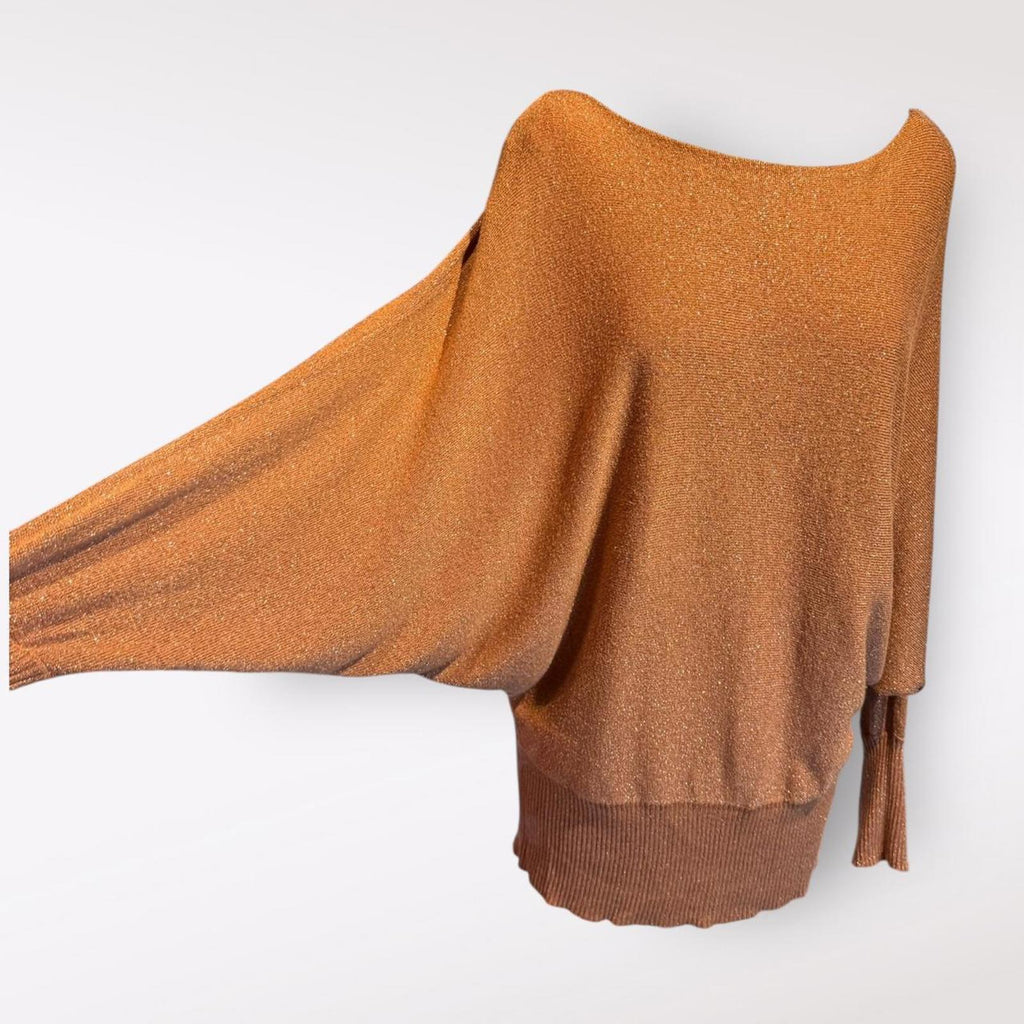 Rust Orange Metallic Knit Sweater with Batwing Sleeves