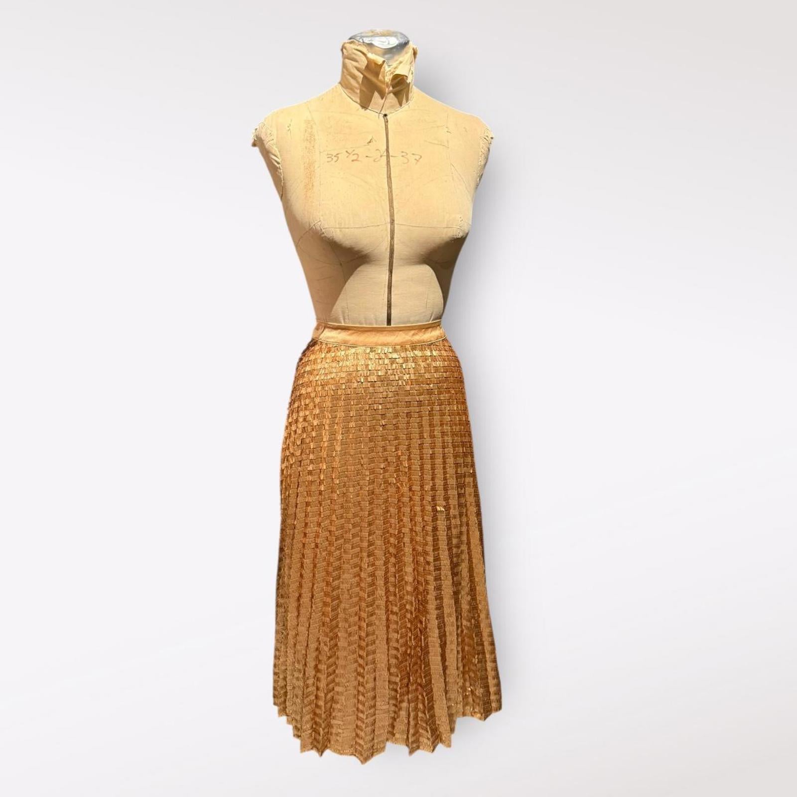 Elie Tahari Golden Pleated Midi Skirt with Sequin Detail