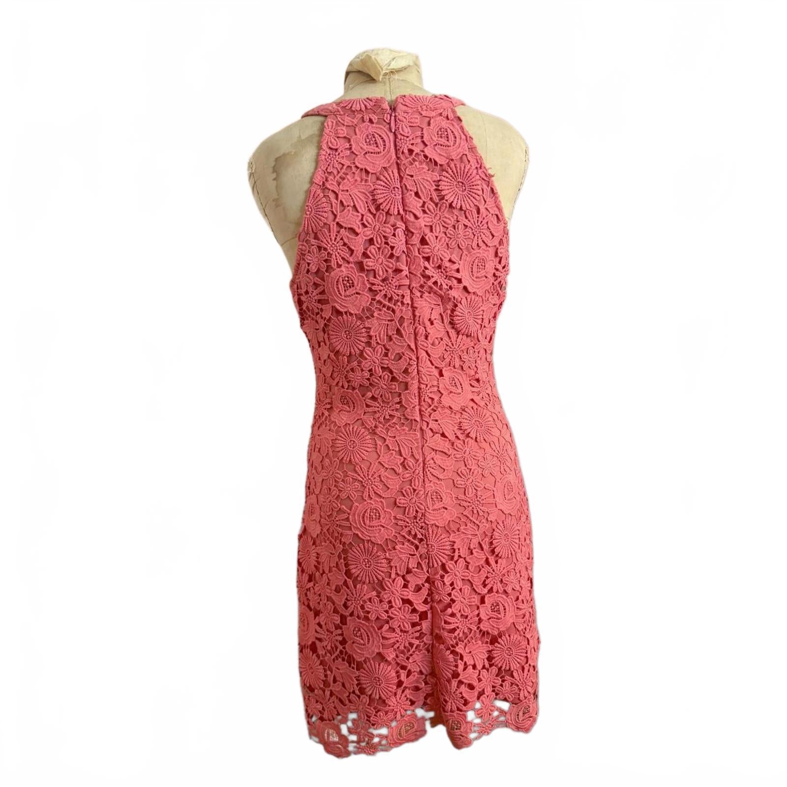 Coral Pink Lace Halter Neck Dress