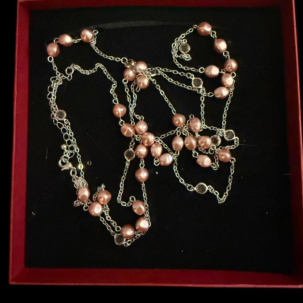 Lia Sophia Silver Double Strand Necklace with Pink Stones