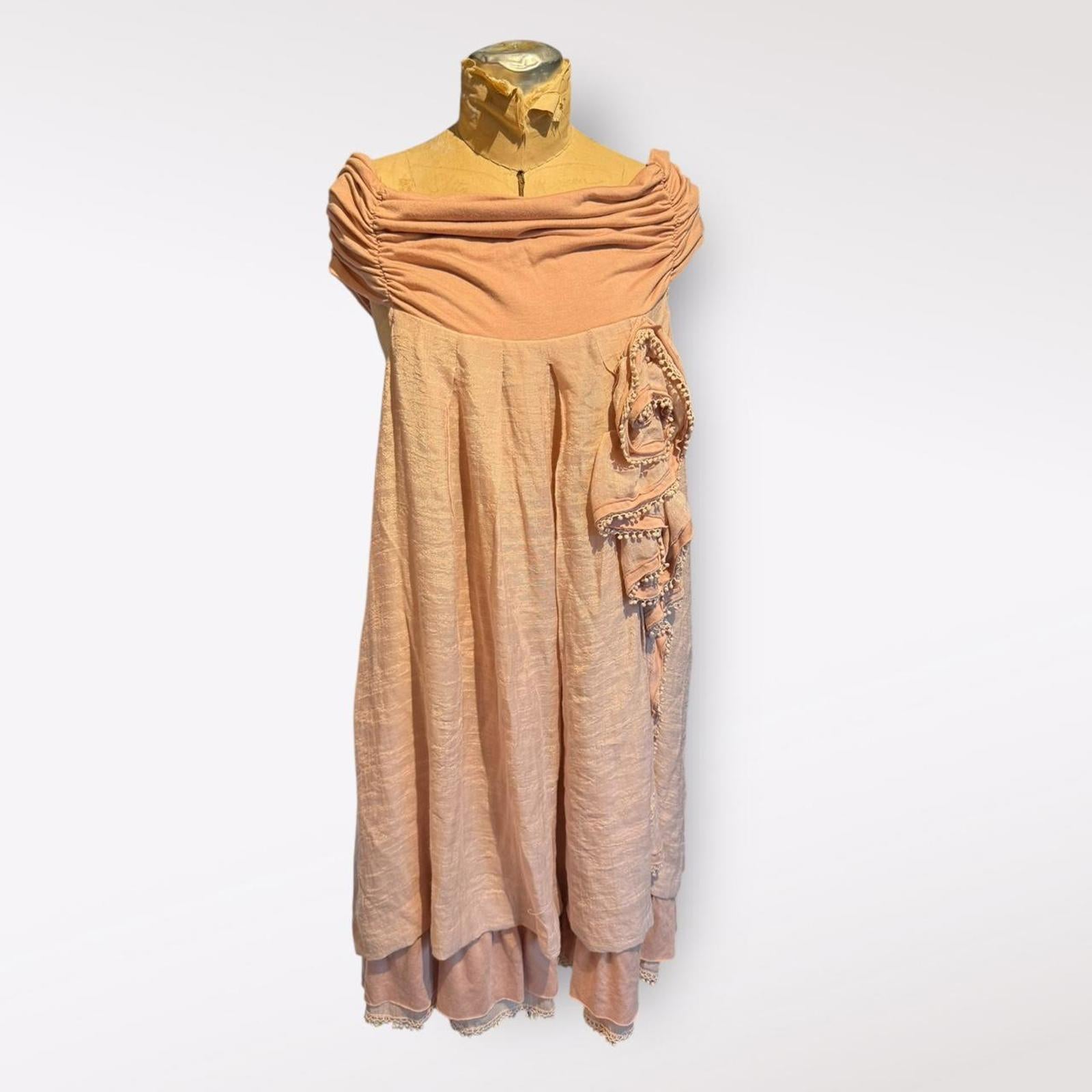 By Stella Vintage Peach Pink Bohemian Midi Dress with Pom Pom Detail