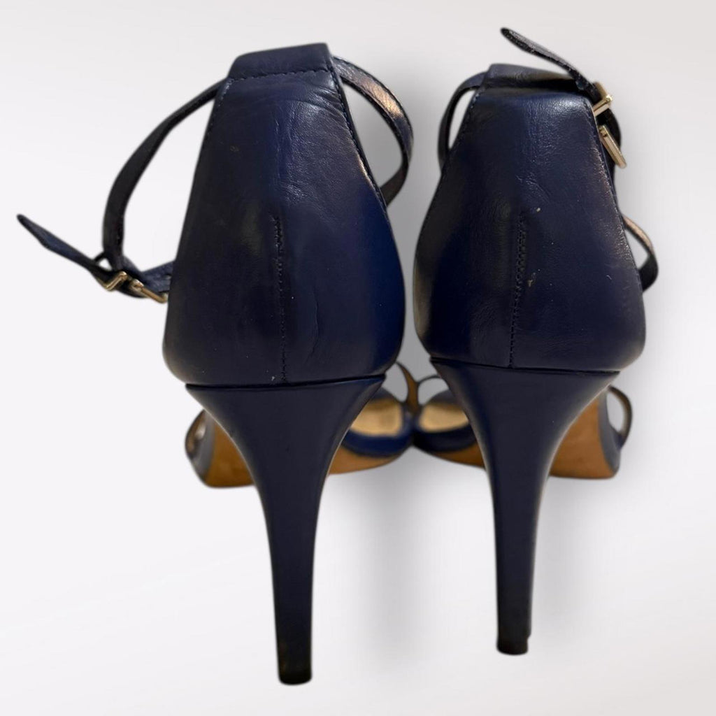 Antonio Melani Navy Blue Leather T-Strap High Heel Sandals