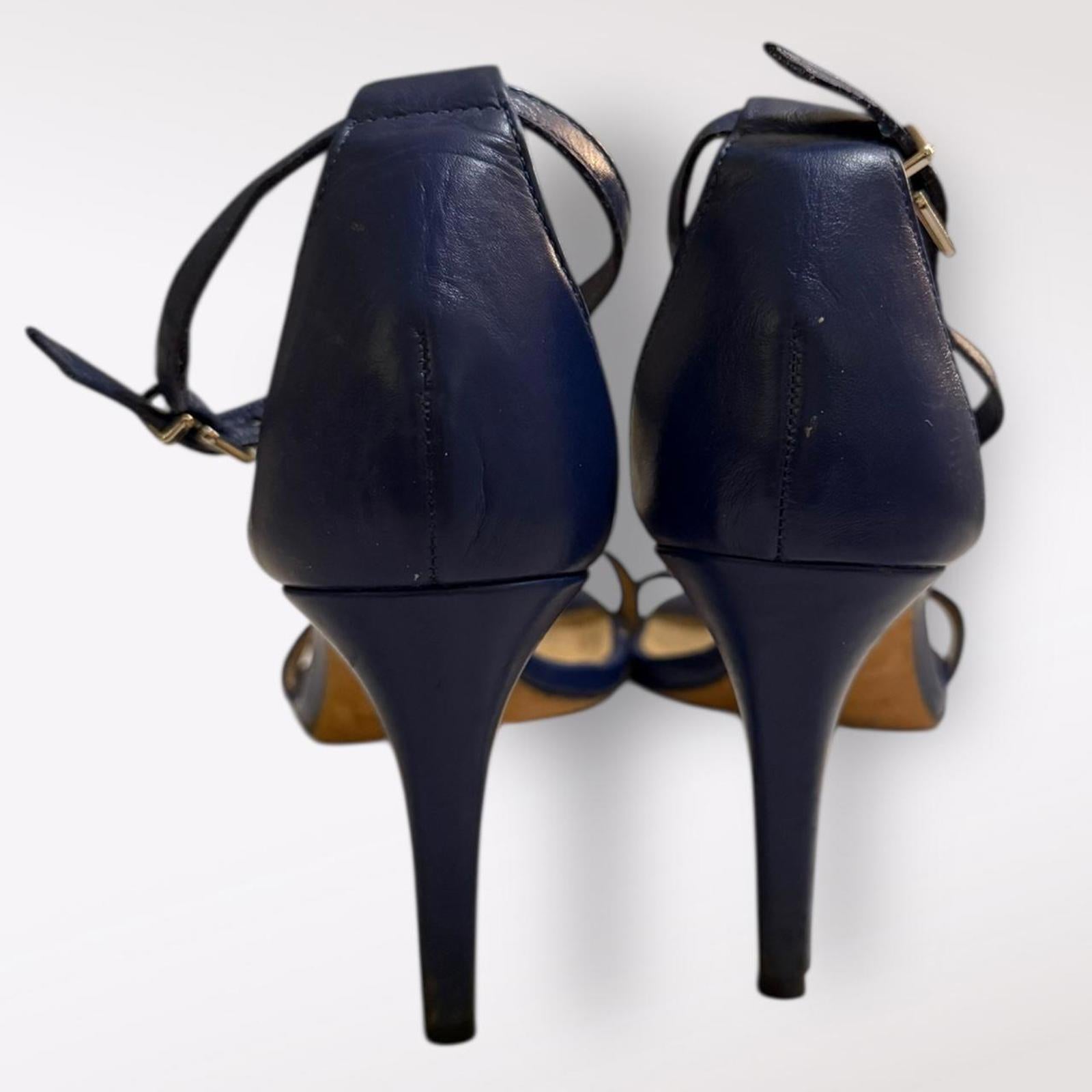 Antonio Melani Navy Blue Leather T-Strap High Heel Sandals