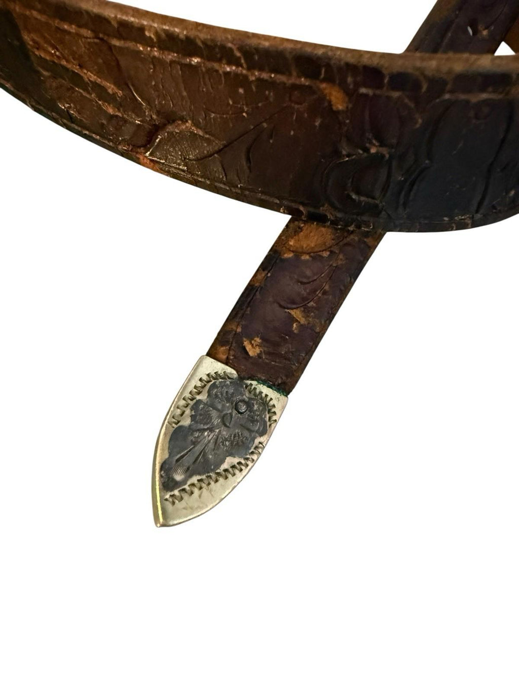 Vintage Tooled Leather Belt Sterling Silver Buckle