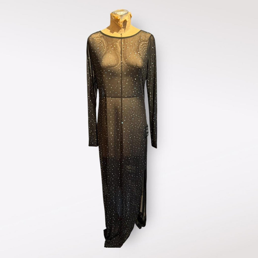 Lulus Black Sheer Long Sleeve Maxi Dress with Rhinestones