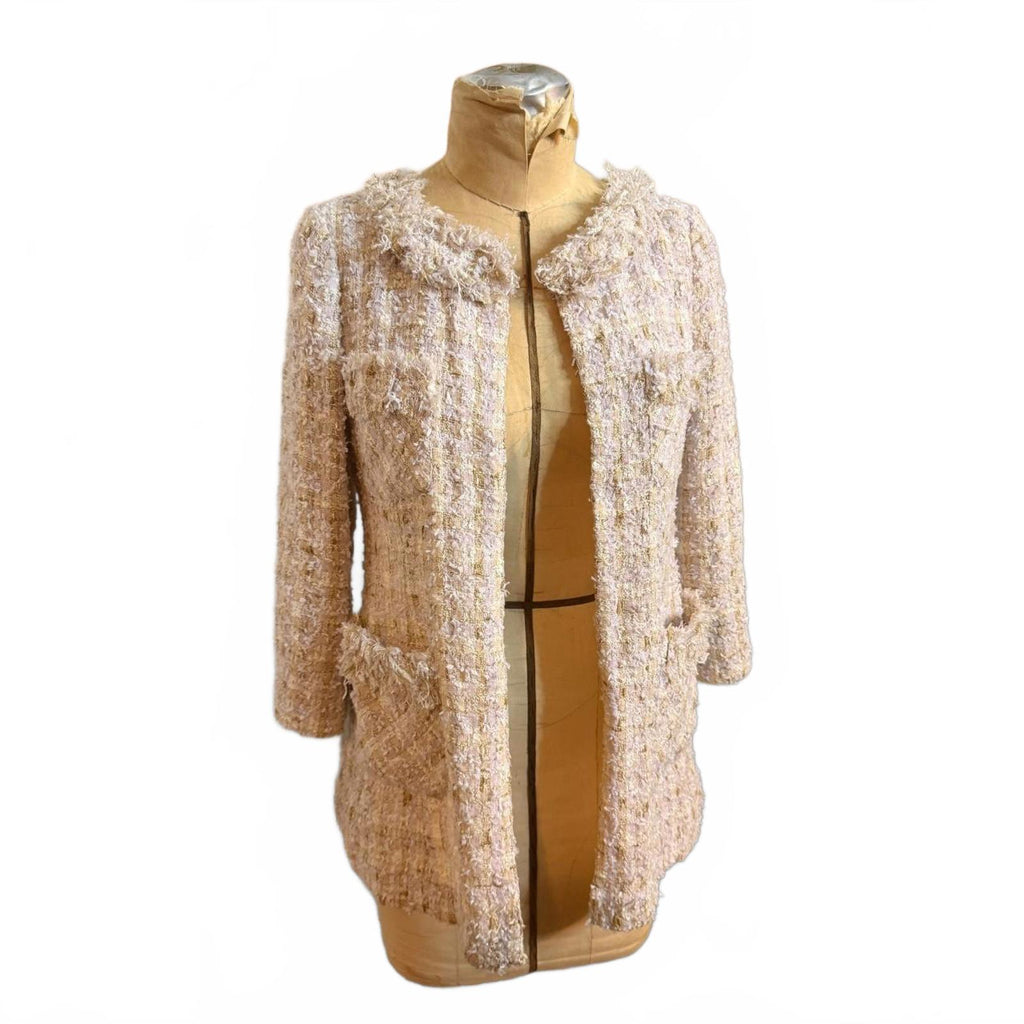 Son Jung Wan Beige Textured Tweed Long Jacket with Bow Back