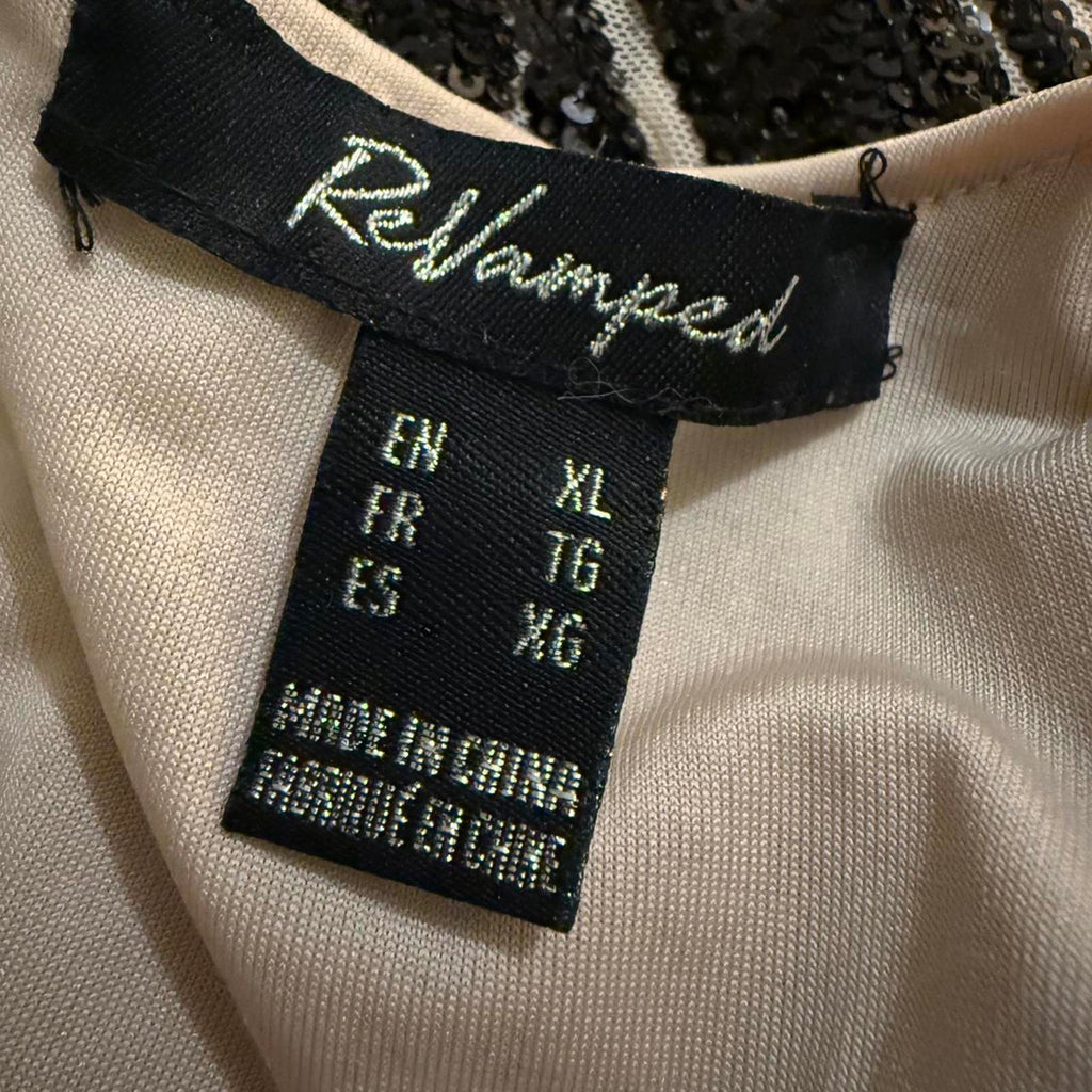 ReVamped Long Sleeve Black Sequin Embellished Dress with Nude Mesh Base