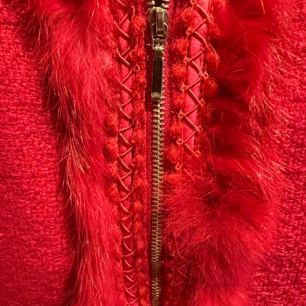 Dalia Red Zip-Up Jacket with Rabbit Fur Trim