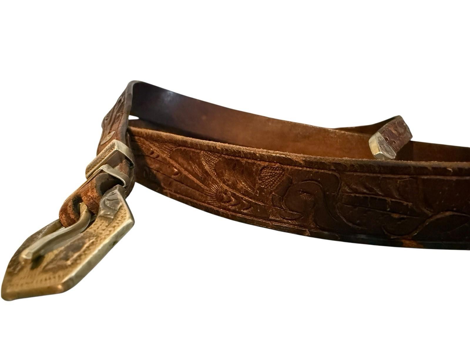 Vintage Tooled Leather Belt Sterling Silver Buckle