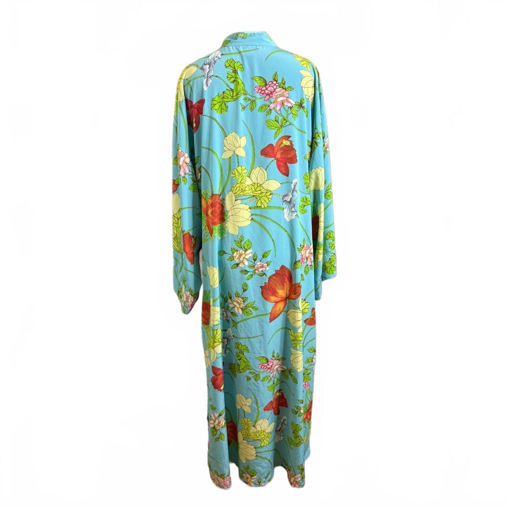 Natori Blue Green Floral Kaftan/Kimono Maxi Dress