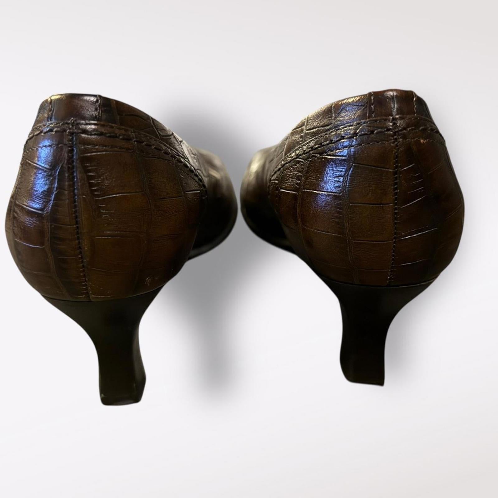 Brown Croc Embossed Leather Kitten Heel Pumps