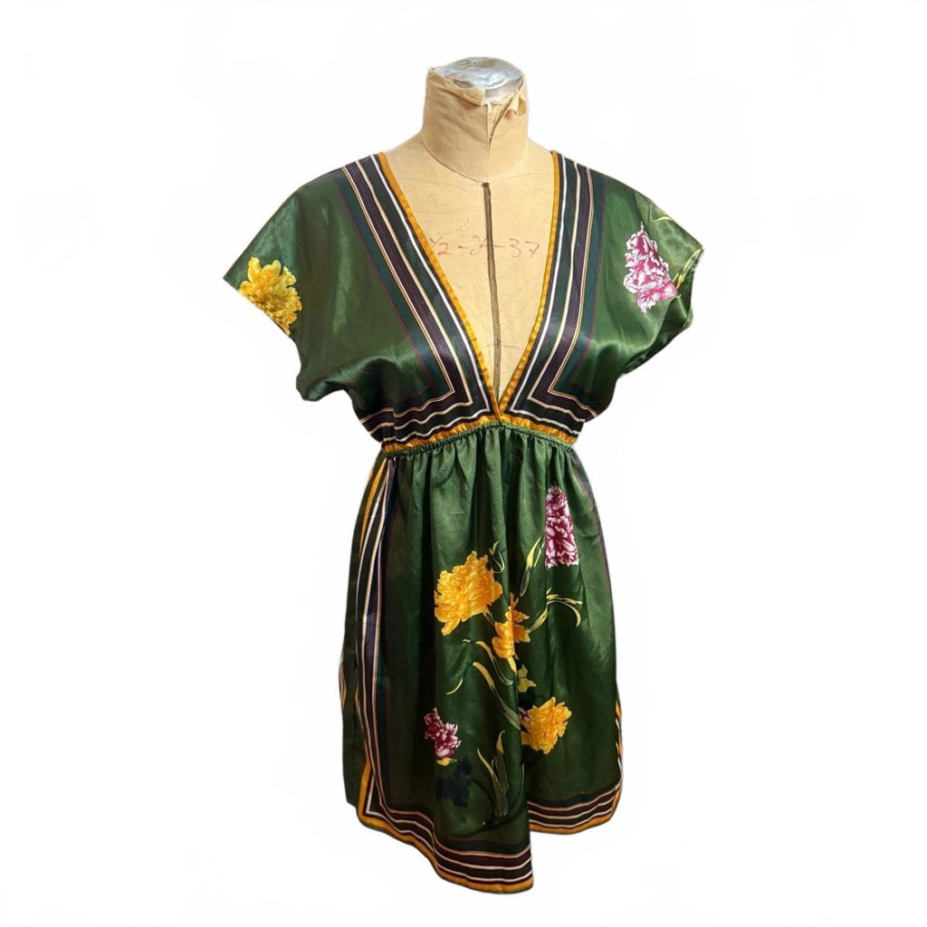 Forever 21 Green and Yellow Silk Floral Dress Size M