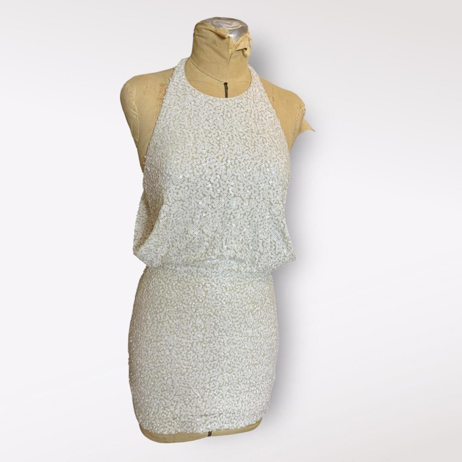 Badgley Mischka White Sequin Mini Halter Dress