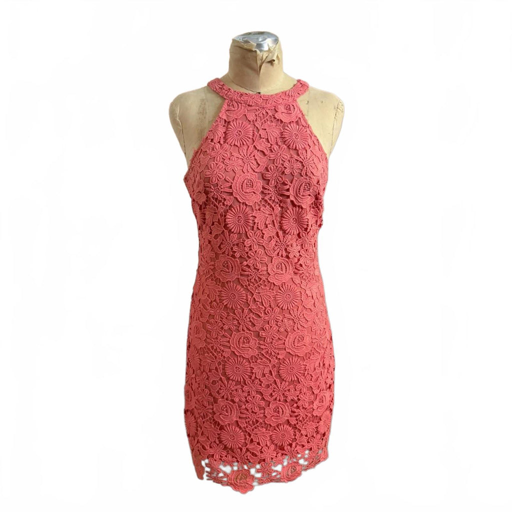 Coral Pink Lace Halter Neck Dress