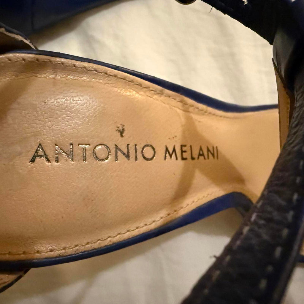 Antonio Melani Navy Blue Leather T-Strap High Heel Sandals