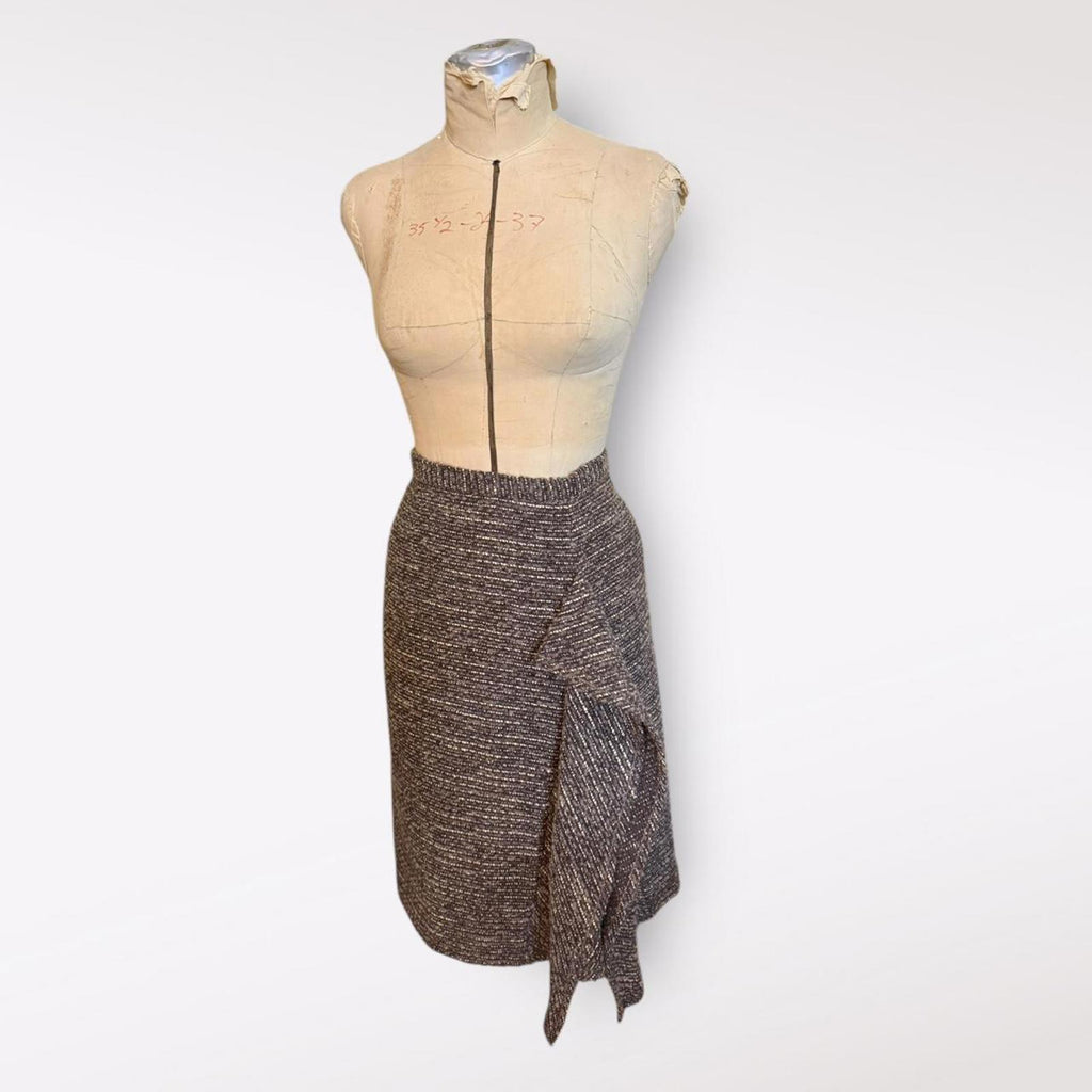 Oscar de la Renta Brown Tweed Wool Skirt with Draped Detail