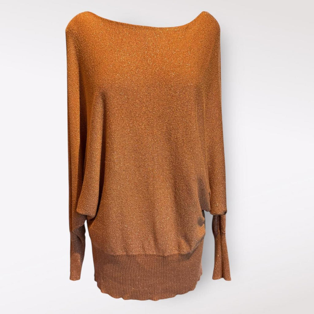 Rust Orange Metallic Knit Sweater with Batwing Sleeves
